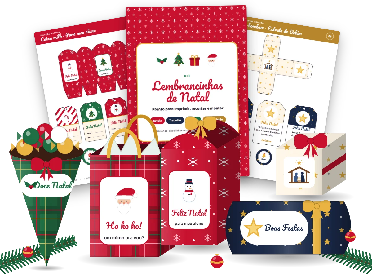 Kit Lembrancinhas de Natal: moldes impressos e lembrancinhas montadas (cone, sacolinha, caixa milk, caixa travesseiro e porta-bombom)